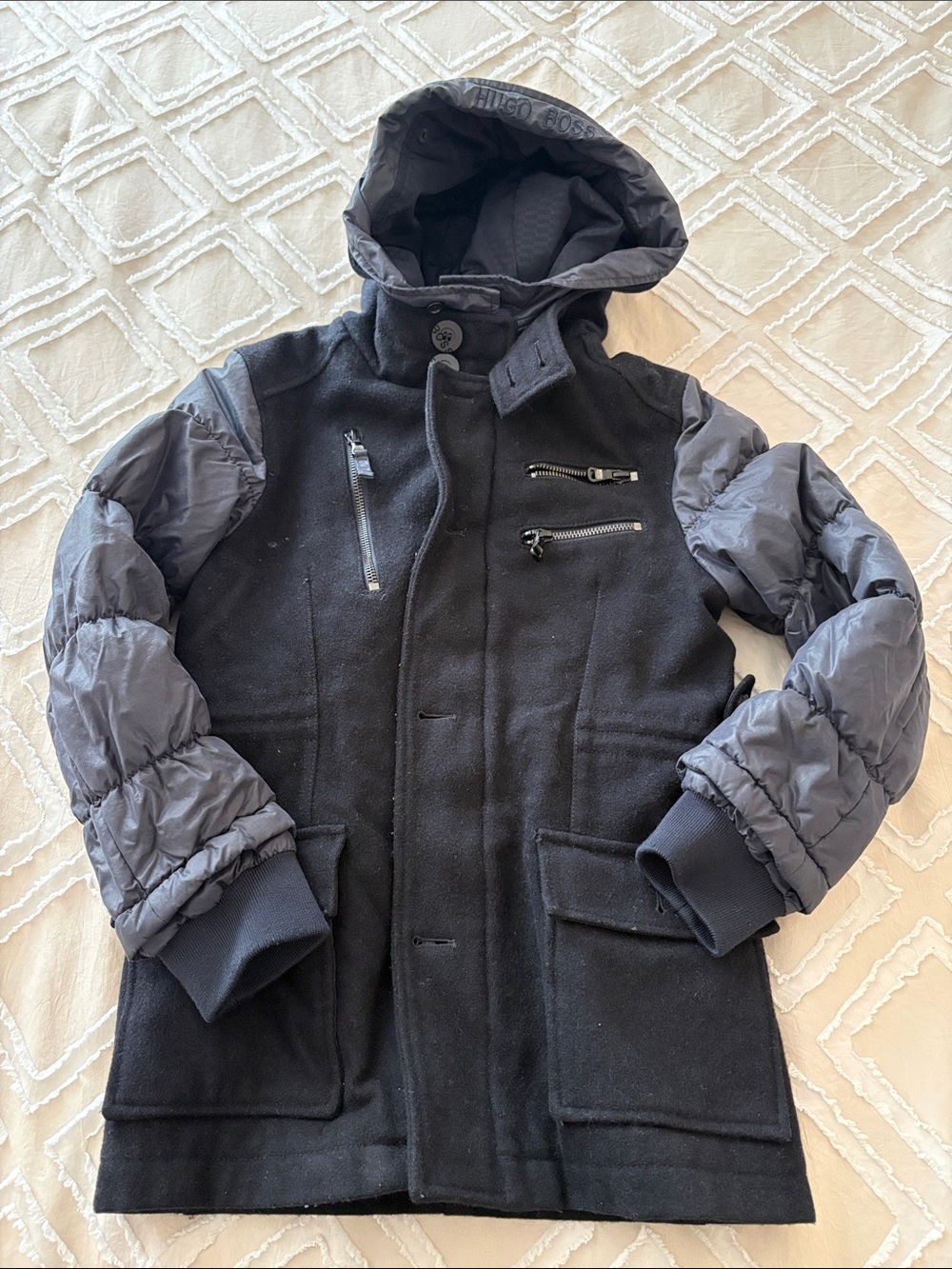 Hugo boss Black Wool Coat with Puffer Sleeves and Hood